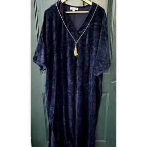 Vintage Retro Navy Velour Mrs Roper Caftan w/ Gold Piping & Tassel Winter, OS